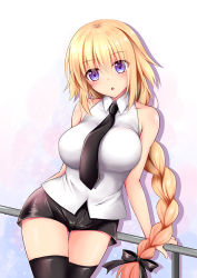 Rule 34 | 1girl, bare shoulders, blonde hair, blue eyes, braid, fate/apocrypha, fate/grand order, fate (series), geko, jeanne d&#039;arc (fate), jeanne d&#039;arc (girl from orleans) (fate), jeanne d&#039;arc (ruler) (fate), looking at viewer, necktie, short shorts, shorts, single braid, sleeveless, solo, thighhighs