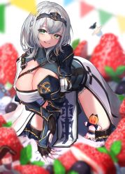 Rule 34 | 1girl, absurdres, armor, blurry, blurry background, blurry foreground, braid, breasts, character doll, cleavage, doll, female knight, food, fruit, gauntlets, green eyes, hair between eyes, headband, highres, hololive, houshou marine, kneeling, knight, large breasts, licking lips, looking at viewer, medium hair, mole, mole on breast, roco (rocoroco1115), shiranui flare, shirogane noel, shirogane noel (1st costume), silver hair, solo, strawberry, thighhighs, tongue, tongue out, uruha rushia, usada pekora, virtual youtuber