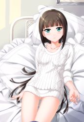 Rule 34 | 1girl, :o, blunt bangs, blush, brown hair, dress, gluteal fold, green eyes, head tilt, highres, indoors, kurosawa dia, long hair, long sleeves, looking at viewer, love live!, love live! sunshine!!, lying, mole, mole under mouth, nail polish, on back, on bed, parted lips, pillow, pink nails, ribbed sweater, sleeves pushed up, solo, sweater, sweater dress, thigh gap, thighs, tucana, very long hair, white sweater