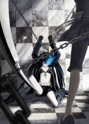 Rule 34 | 10s, 2girls, arms up, bdsm, belt, bikini, bikini top only, black rock shooter, black rock shooter (character), bondage, boots, bound, bow, chain, checkered floor, dead master, dress, closed eyes, floor, front-tie top, gloves, glowing, glowing eye, glowing eyes, highres, jacket, legs, long hair, majicjiang, multiple girls, navel, perspective, ribbon, scar, scythe, shoes, short shorts, shorts, sitting, stitches, swimsuit, twintails, very long hair, weapon, you gonna get raped