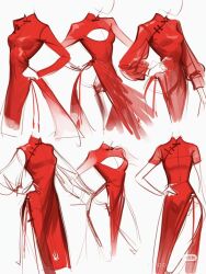 6+girls cleavage_cutout clothes_focus clothing_cutout dress hand_on_own_hip highleg highleg_dress highres long_sleeves mandarin_collar multiple_girls original red_dress shanghai_neckline shi_zhengzheng_ya short_sleeves side_slit sketch