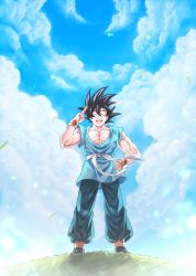 Rule 34 | 1boy, ^ ^, abs, black footwear, black hair, blue sky, blurry, bokeh, clenched hand, closed eyes, cloud, cloudy sky, commentary request, day, depth of field, dougi, dragon ball, dragonball z, closed eyes, floating hair, full body, grass, hand on own hip, highres, hill, legs apart, male focus, mattari illust, muscular, open mouth, outdoors, pectorals, salute, shadow, sky, solo, son goku, spiked hair, standing, sunlight, teeth, twitter username, upper teeth only, wind, wind lift, wristband