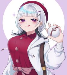 Rule 34 | 1girl, :q, absurdres, backpack, bag, black hair, blush, bow, braid, breasts, brown bag, buttons, collared dress, creatures (company), dress, earrings, game freak, grey hair, hair ornament, hand up, highres, holding, holding poke ball, indie virtual youtuber, jacket, jewelry, large breasts, long sleeves, medium hair, multicolored hair, nintendo, open clothes, open jacket, pink background, poke ball, pokemon, pokemon swsh, premier ball, purple eyes, red bow, red dress, red headwear, solo, tongue, tongue out, twin braids, two-tone hair, virtual youtuber, white background, white jacket, x hair ornament, yumekawa yamu, yumekawa yamu (artist)