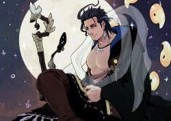 Rule 34 | 1boy, ahoge, animal skull, bara, blue hair, boots, brown footwear, closed mouth, commentary request, dark blue hair, earrings, facial hair, goatee, gold trim, half-closed eyes, halo, halo behind head, holding, holding staff, jewelry, large pectorals, long sideburns, magatama, male focus, moon, muscular, muscular male, necklace, open clothes, open robe, pectorals, robe, short hair, sideburns, single earring, skull necklace, smile, solo, staff, star (sky), stubble, take (zn 105), tassel, tassel earrings, tokyo houkago summoners, tsukuyomi (housamo), upper body, yellow eyes