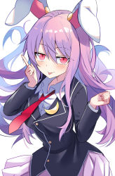 Rule 34 | 1girl, :p, animal ears, blazer, blush, buttons, closed mouth, crescent, crescent pin, e.o., hair between eyes, highres, jacket, long hair, long sleeves, necktie, pleated skirt, purple hair, purple skirt, rabbit ears, red eyes, red necktie, reisen udongein inaba, revision, simple background, skirt, smile, solo, tongue, tongue out, touhou, upper body, white background