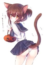 Rule 34 | 10s, 1girl, accidental exposure, animal ears, ass, blush, brown hair, clothes lift, embarrassed, extra ears, flying sweatdrops, folded ponytail, highres, inazuma (kancolle), kantai collection, kemonomimi mode, lifted by tail, long hair, mochiko (mocchikkoo), no nose, panties, pantyshot, pumpkin, school uniform, serafuku, skirt, skirt lift, solo, sweat, tail, tail raised, underwear, upskirt, wavy mouth, white panties, yellow eyes