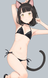 Rule 34 | 1girl, animal ears, armpits, arms up, bikini, black bikini, black choker, black footwear, blunt bangs, bob cut, breasts, cat ears, choker, collarbone, commentary, covering privates, covering crotch, feet out of frame, grey background, hair strand, halterneck, highres, knee up, looking at viewer, midriff, mixed-language commentary, original, parted lips, razi, short hair, side-tie bikini bottom, simple background, small breasts, solo, string bikini, swimsuit, yellow eyes