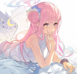 Rule 34 | 1girl, absurdres, angel wings, bed sheet, blue archive, blue flower, breasts, commentary, dress, feathered wings, flower, frilled ribbon, frills, hair bun, hair flower, hair ornament, hair ribbon, halo, highres, large breasts, long hair, looking at viewer, low wings, lying, mika (blue archive), on stomach, pink hair, ribbon, scrunchie, shenqi de (9), simple background, single side bun, sleeveless, sleeveless dress, smile, solo, very long hair, white background, white dress, white ribbon, white wings, wings, wrist scrunchie, yellow eyes