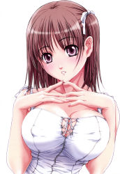 Rule 34 | 1girl, blush, breasts, brown hair, cleavage, covered erect nipples, highres, huge breasts, jpeg artifacts, large breasts, nanno koto, open mouth, original, purple eyes, side ponytail, simple background, solo, white background
