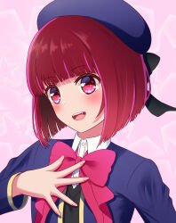 Rule 34 | 1girl, :d, akane sora129, arima kana, beret, blue hat, blue jacket, blunt bangs, blush, bob cut, bow, collared shirt, commentary request, commission, fangs, hand on own chest, hand up, happy, hat, highres, jacket, looking at viewer, open mouth, oshi no ko, pink background, pink bow, red eyes, red hair, shirt, short hair, simple background, skeb commission, smile, solo, star (symbol), teeth, upper body, upper teeth only, white shirt