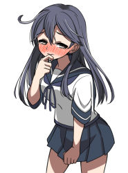 Rule 34 | 10s, 1girl, ahoge, black hair, blue skirt, blush, breasts, finger to mouth, grey eyes, highres, kantai collection, kawabatake, long hair, looking to the side, pleated skirt, sailor collar, school uniform, serafuku, short sleeves, simple background, skirt, solo, ushio (kancolle), white background