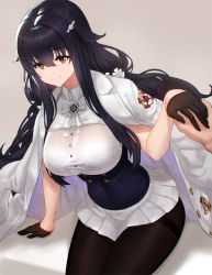 Rule 34 | 1girl, arm support, artnohearts, azuma (azur lane), azur lane, black gloves, black hair, black pantyhose, bra, bra visible through clothes, breasts, brown eyes, closed mouth, commentary request, covered navel, gloves, grey background, hair between eyes, hair ornament, hairclip, half-closed eye, holding hands, jacket, jacket on shoulders, lace, lace-trimmed bra, lace trim, large breasts, long hair, long sleeves, looking at viewer, military jacket, outstretched hand, pantyhose, pleated skirt, see-through, sidelocks, simple background, sitting, skirt, smile, solo focus, thighband pantyhose, underwear, very long hair, white jacket