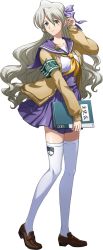 Rule 34 | 1girl, adjusting hair, blue eyes, blush, bow, brown footwear, cardigan, closed mouth, collarbone, collared shirt, curly hair, full body, hair between eyes, hair bow, high-waist skirt, highres, langrisser, langrisser iii, liffany (langrisser), loafers, long hair, looking at viewer, miniskirt, mole, mole under eye, neckerchief, official art, open cardigan, open clothes, pleated skirt, purple bow, purple sailor collar, purple skirt, sailor collar, sailor shirt, school uniform, serafuku, shirt, shoes, silver hair, skirt, smile, solo, standing, thighhighs, transparent background, very long hair, white shirt, white thighhighs, yellow neckerchief, zettai ryouiki