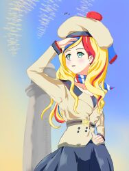 Rule 34 | 1girl, belt, blonde hair, buttons, commandant teste (kancolle), drill hair, green eyes, hand on own hip, hat, highres, kantai collection, long skirt, long sleeves, multicolored hair, scarf, siegfried1810, skirt, wavy hair