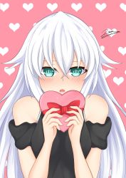 Rule 34 | absurdres, bare shoulders, black heart (neptunia), breasts, chocolate, dress, green eyes, heart, highres, long hair, medium breasts, neptune (series), nisen, noire (neptunia), open mouth, pink background, tsundere, valentine, white hair
