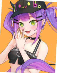 Rule 34 | 1girl, :d, black choker, black headwear, blush, breasts, choker, collarbone, colored inner hair, crop top, ear piercing, earrings, fake horns, fang, green eyes, green nails, hair ornament, hairclip, highres, hololive, horned headwear, horns, jewelry, long hair, looking at viewer, medium breasts, multicolored hair, multicolored nails, nail polish, o-ring, o-ring choker, open mouth, piercing, pink hair, pointy ears, purple hair, purple nails, sa (sam-ya), simple background, smile, solo, tokoyami towa, twintails, virtual youtuber