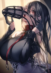 Rule 34 | 1girl, bare shoulders, black gloves, black hair, blush, breasts, check copyright, collar, copyright request, ear piercing, genyaky, gloves, hair between eyes, hands up, highres, large breasts, leash, long hair, long sleeves, looking at viewer, open mouth, original, piercing, red collar, signature