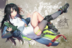 Rule 34 | 1girl, absurdres, bare legs, bare shoulders, black hair, black thighhighs, blue jacket, bottomless, breasts, c-ms (girls&#039; frontline), cbj-ms, commentary request, convenient leg, copyright name, extended magazine, foregrip, full body, garter straps, girls&#039; frontline, gun, hair between eyes, handgun, henz, highres, holding, holding weapon, huge filesize, jacket, knee up, leg up, long hair, machine pistol, medium breasts, messy hair, no panties, off shoulder, open clothes, open jacket, personal defense weapon, pistol, pistol stabilizing brace, red eyes, shirt, single thighhigh, sleeveless, sleeveless shirt, smile, solo, stock (firearm), stubby grip, submachine gun, telescoping stock, thighhighs, thighs, vertical forward grip, very long hair, weapon, white shirt