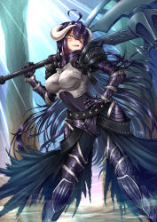 Rule 34 | 1girl, :d, adsouto, ahoge, albedo (overlord), armor, armored boots, artist name, axe, black cape, black pants, boobplate, boots, breastplate, breasts, breasts apart, cape, covered navel, floating hair, gauntlets, hair between eyes, hand on hilt, highres, holding, holding axe, horns, large breasts, long hair, open mouth, over shoulder, overlord (maruyama), pants, pauldrons, plate armor, purple hair, shoulder armor, slit pupils, smile, solo, standing, sunlight, very long hair, waist cape, weapon, weapon over shoulder, yellow eyes