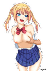 Rule 34 | 1girl, arms behind back, bad id, bad pixiv id, blonde hair, blue eyes, blue skirt, bow, bowtie, breasts, groping, hagose, highres, large breasts, miniskirt, nipples, no bra, onishima homare, open clothes, open mouth, open shirt, pleated skirt, pussy juice, red bow, red bowtie, school uniform, shirt, simple background, skirt, solo, solo focus, sounan desuka?, tongue, tongue out, twintails, white background, white shirt