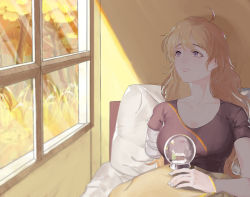 Rule 34 | 1girl, ahoge, amputee, bad id, bad pixiv id, bandages, blonde hair, breasts, cleavage, gloria (84568750), grass, large breasts, light rays, long hair, pillow, purple eyes, rwby, shirt, snow globe, solo, spoilers, t-shirt, tree, under covers, window, yang xiao long
