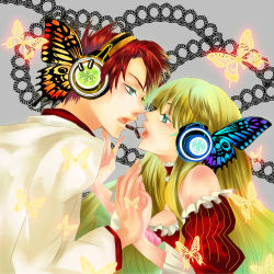 Rule 34 | 1boy, 1girl, bad id, bad pixiv id, beatrice (umineko), blonde hair, blue eyes, bug, butterfly, butterfly hair ornament, choker, dyun, eye contact, face-to-face, hair ornament, headset, insect, looking at another, magnet (vocaloid), parody, red hair, umineko no naku koro ni, ushiromiya battler, vocaloid