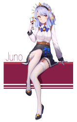 Rule 34 | 1girl, absurdres, alcohol, arnold-s, bad id, bad pixiv id, bell, belt, black skirt, blue hair, blush, bow, character name, cup, drinking glass, flower, full body, garter straps, gloves, hair flower, hair ornament, hairband, high heels, highres, juno (warship girls r), light blue hair, long hair, long sleeves, looking at viewer, miniskirt, pinstripe pattern, pumps, shirt, sitting, skirt, smile, solo, striped, swept bangs, thighhighs, warship girls r, white gloves, white shirt, white thighhighs, wine, wine glass, zettai ryouiki
