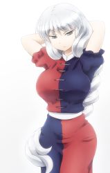 Rule 34 | &gt;:|, 1girl, :|, arms behind head, blue dress, braid, breasts, closed mouth, commentary, cowboy shot, dot nose, dress, grey eyes, large breasts, long hair, looking down, puffy sleeves, red dress, shirosato, short sleeves, silver hair, simple background, solo, touhou, v-shaped eyebrows, very long hair, white background, yagokoro eirin