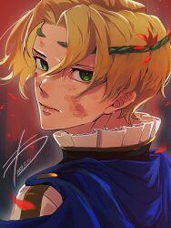 Rule 34 | 1boy, absurdres, alfred (fire emblem), blonde hair, blood, blood on face, cape, circlet, closed mouth, fire emblem, fire emblem engage, green eyes, hair between eyes, high collar, highres, looking at viewer, male focus, nintendo, portrait, short hair, solo, wa gamc