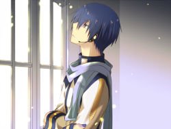 Rule 34 | 1boy, blue eyes, blue hair, blue scarf, clothes, headphones, headset, indoors, kaito (vocaloid), looking outside, male focus, matching hair/eyes, scarf, shirotsugu, short hair, solo, vocaloid, window