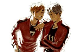Rule 34 | 2boys, absurdres, blonde hair, brothers, brown eyes, ceejles, commentary, crossed arms, eyebrows, grey eyes, grey hair, grin, haikyuu!!, hair between eyes, highres, jacket, jersey, leaning, leaning on person, long sleeves, looking at viewer, male focus, miya atsumu, miya osamu, multicolored hair, multiple boys, open clothes, parted lips, short hair, siblings, sleeves past elbows, smile, sportswear, standing, symbol-only commentary, teeth, track jacket, track suit, twins, two-tone hair, volleyball uniform, white background