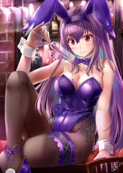 Rule 34 | 1girl, absurdres, animal ears, ayakase hotaru, breasts, cup, detached collar, drinking glass, fake animal ears, fate/grand order, fate (series), fishnet pantyhose, fishnets, hair intakes, high heels, highres, holding, holding cup, indoors, large breasts, leotard, long hair, official alternate costume, pantyhose, playboy bunny, pouring, pouring onto self, purple footwear, purple hair, purple leotard, rabbit ears, red eyes, scathach (fate), scathach (piercing bunny) (fate), sitting, solo, strapless, strapless leotard, wrist cuffs