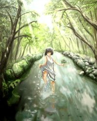 Rule 34 | 1girl, black hair, forest, grass, light, nature, one eye closed, original, reflection, river, short hair, simond, smile, solo, stone, tree, water, wet, wink