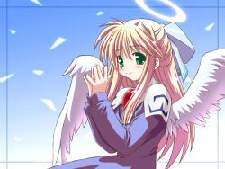 Rule 34 | 1girl, angel wings, avatar (eco), blonde hair, blue bow, blue dress, blush, bow, closed mouth, dress, emil chronicle online, feathered wings, green eyes, hair between eyes, hair bow, half updo, halo, hands up, long hair, long sleeves, own hands together, puffy long sleeves, puffy sleeves, shinjou satomi, sidelocks, smile, solo, split mouth, titania (eco), white wings, wings