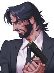 Rule 34 | 1boy, asymmetrical bangs, beard, black eyes, black facial hair, black hair, black jacket, black necktie, black suit, closed mouth, collared shirt, commentary, cropped torso, curtained hair, facial hair, finger on trigger, formal, gold trim, gun, handgun, hands up, holding, jacket, jidaart, john wick, john wick (character), lips, long sleeves, looking to the side, male focus, mature male, necktie, open clothes, open jacket, own hands together, shirt, short hair, solo, suit, weapon, white background, white shirt