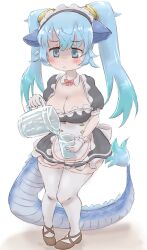 Rule 34 | 1girl, :&lt;, alternate costume, animal ears, apron, black dress, blue eyes, blue hair, blush, breasts, cleavage, cup, detached collar, dragon girl, dragon tail, dress, drinking glass, enmaided, frilled apron, frills, gloves, hair between eyes, highres, holding jug, k (susiinochi24), kemono friends, kemono friends 3, large breasts, long hair, looking at viewer, maid, maid apron, multicolored hair, pouring, puffy short sleeves, puffy sleeves, seiryuu (kemono friends), short sleeves, solo, tail, thighhighs, twintails, waist apron, white apron, zettai ryouiki