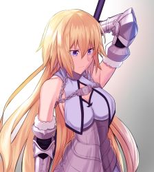 Rule 34 | 1girl, armor, armored dress, bad id, bad twitter id, blonde hair, blue eyes, breasts, chain, cleavage, detached sleeves, dress, fate/apocrypha, fate (series), gradient background, grey background, hair between eyes, highres, holding, jeanne d&#039;arc (fate), jeanne d&#039;arc (ruler) (fate), jeanne d&#039;arc (third ascension) (fate), large breasts, long hair, nyorotono, sideboob, sleeveless, sleeveless dress, solo, upper body, very long hair