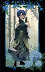 Rule 34 | 1boy, absurdres, arm at side, black border, black footwear, blue flower, blue footwear, blue hair, book, boots, border, branch, cape, chinese clothes, day, earrings, flower, genshin impact, hand up, highres, holding, holding book, hydrangea, jewelry, kurattes, long sleeves, looking at viewer, male focus, monocle, outside border, robe, short hair, sketch, sleeves past fingers, sleeves past wrists, solo, standing, white cape, wide sleeves, xingqiu (aoi no okina) (genshin impact), xingqiu (genshin impact), yellow eyes
