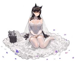 Rule 34 | 1girl, alternate costume, animal ears, atago (azur lane), atago (lily-white vow) (azur lane), azur lane, bare shoulders, black hair, blush, breasts, bridal veil, cleavage, closed mouth, collarbone, dress, female focus, fox ears, full body, garter straps, high heels, jewelry, kishiyo, large breasts, long hair, looking at viewer, official art, petals, ring, seiza, sitting, smile, solo, thighhighs, transparent background, veil, very long hair, wedding dress, wedding ring, white dress, white footwear, white thighhighs