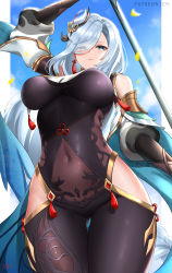 Rule 34 | 1girl, bare shoulders, blue eyes, blush, bodysuit, breasts, closed mouth, clothing cutout, commentary, covered navel, cowboy shot, cyicheng, english commentary, eyes visible through hair, genshin impact, hair ornament, hair over one eye, hip vent, large breasts, long hair, looking at viewer, outdoors, polearm, shenhe (genshin impact), shoulder cutout, silver hair, solo, very long hair, weapon