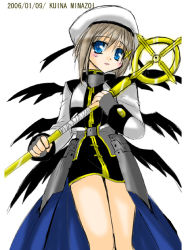Rule 34 | 00s, 1girl, :d, beret, blush, brown hair, fingerless gloves, gloves, hair between eyes, hair ornament, hat, holding, holding staff, looking at viewer, lyrical nanoha, mahou shoujo lyrical nanoha, mahou shoujo lyrical nanoha a&#039;s, minazoi kuina, open mouth, schwertkreuz, simple background, smile, solo, staff, standing, uniform, white background, white hat, x hair ornament, yagami hayate