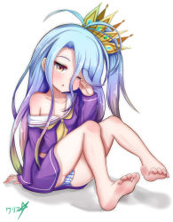 Rule 34 | 1girl, absurdres, barefoot, blush, boppin, cameltoe, feet, gradient hair, highres, long hair, looking at viewer, multicolored hair, no game no life, one eye closed, panties, pantyshot, parted lips, shiro (no game no life), side ponytail, soles, striped clothes, striped panties, toes, underwear