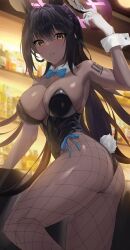 Rule 34 | 1girl, animal ears, arm up, ass, bar (place), bare arms, bare shoulders, black hair, black leotard, blue archive, blue bow, blue bowtie, blurry, blurry background, bow, bowtie, breasts, cleavage, commentary request, covered navel, dark-skinned female, dark skin, dea (adenim1209), detached collar, dot nose, fake animal ears, fake tail, fishnet pantyhose, fishnets, from side, gloves, grin, halo, hand up, high ponytail, highleg, highleg leotard, highres, indoors, karin (blue archive), karin (bunny) (blue archive), knee up, large breasts, leotard, long hair, looking at viewer, looking back, number tattoo, official alternate costume, pantyhose, parted lips, playboy bunny, rabbit ears, rabbit tail, side-tie leotard, smile, solo, strapless, strapless leotard, tail, tattoo, thighs, very long hair, white gloves, wrist cuffs, yellow eyes