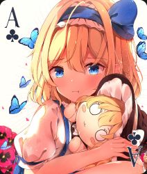 Rule 34 | 1girl, :3, :t, ace (playing card), ace of clubs, alice margatroid, alice margatroid (pc-98), blonde hair, blue eyes, blue hairband, blush, bow, bug, butterfly, card, club (shape), hugging doll, flower, hair ornament, hairband, highres, insect, kirisame marisa, md5 mismatch, hugging object, playing card, pout, resolution mismatch, ribbon, shangurira, short hair, skirt, solo, source larger, stuffed toy, suspenders, touhou