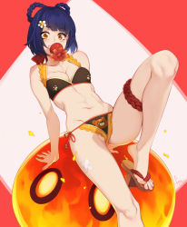 Rule 34 | 1girl, bikini, blue hair, braid, braided hair rings, breasts, cleavage, commentary, english commentary, feet, feguimel, flower, genshin impact, geta, hair flower, hair ornament, hair rings, highres, looking at viewer, mouth hold, navel, red background, sandals, short hair, side-tie bikini bottom, signature, slime (genshin impact), solo, swimsuit, teeth hold, tengu-geta, thigh strap, two-tone background, white background, xiangling (genshin impact), yellow eyes