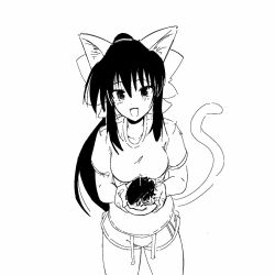 Rule 34 | 1girl, animal ears, animated, animated gif, artist request, bakeneko, bow, breasts, cat ears, cat girl, cat tail, greyscale, hair bow, heart, large breasts, long hair, looking at viewer, monochrome, noihara himari, omamori himari, open mouth, ponytail, shirt, short shorts, shorts, smile, solo, tail, very long hair