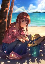 Rule 34 | 10s, 1girl, beach, blouse, blue ribbon, blue skirt, blue sky, bracelet, brown eyes, brown hair, bucket, closed mouth, cloud, cloudy sky, dappled sunlight, day, fate/extra, fate/extra ccc, fate (series), from side, full body, hat, unworn hat, hat ribbon, unworn headwear, jewelry, kishinami hakuno (female), legs together, light frown, long hair, long skirt, looking at viewer, ocean, outdoors, palm tree, pink shirt, ribbon, sand, sandals, shirt, short sleeves, sitting, skirt, sky, solo, sorao (ichhimo), straw hat, sun hat, sunlight, tree, water
