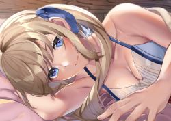 Rule 34 | 1girl, bare shoulders, blonde hair, blue eyes, breasts, cleavage, cucouroux (granblue fantasy), granblue fantasy, long hair, looking at viewer, lying, medium breasts, on bed, on side, panda inu, smile, solo, twintails, under covers, upper body