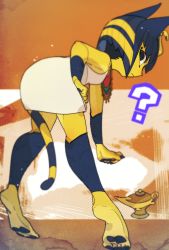 Rule 34 | 1girl, ?, animal crossing, animal ears, ankha (animal crossing), barefoot, bent over, black eyes, blue hair, blurry, blurry foreground, bob cut, cat ears, cat girl, cat tail, closed mouth, colored skin, depth of field, dress, eye of horus, from behind, furry, furry female, highres, idkuroi, jewelry, looking at viewer, looking back, necklace, nintendo, oil lamp, short dress, soles, solo, tail, white dress, yellow fur, yellow skin