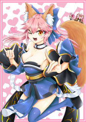 Rule 34 | 3girls, ;d, absurdres, animal ear fluff, animal ears, animal hands, artist request, black bodysuit, blue kimono, blue ribbon, blue thighhighs, blush, bodysuit, breasts, cat paws, chibi, cleavage, collarbone, commentary, commentary request, double fox shadow puppet, extra ears, fang, fate/extella, fate/extra, fate/extra ccc, fate/grand order, fate (series), fox ears, fox girl, fox shadow puppet, fox tail, glasses, gloves, grey-framed eyewear, hair ribbon, heart, heart background, highres, japanese clothes, kimono, koyanskaya (fate), large breasts, multiple girls, multiple persona, one eye closed, open mouth, paw gloves, pink hair, pink ribbon, ponytail, red ribbon, ribbon, side ponytail, smile, tail, tamamo (fate), tamamo cat (fate), tamamo no mae (fate/extra), thighhighs, white-framed eyewear, yellow eyes